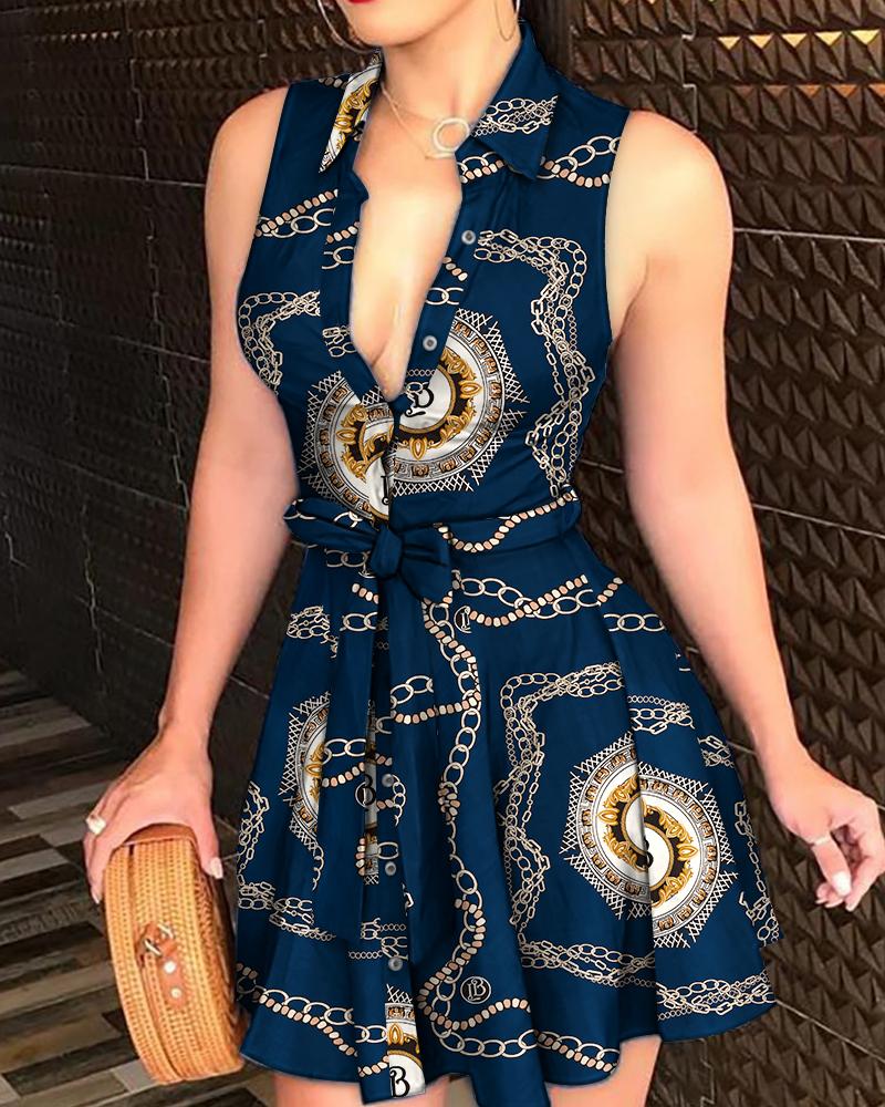 

Scarf Print Sleeveless Tied Detail Shirt Dress, Blue