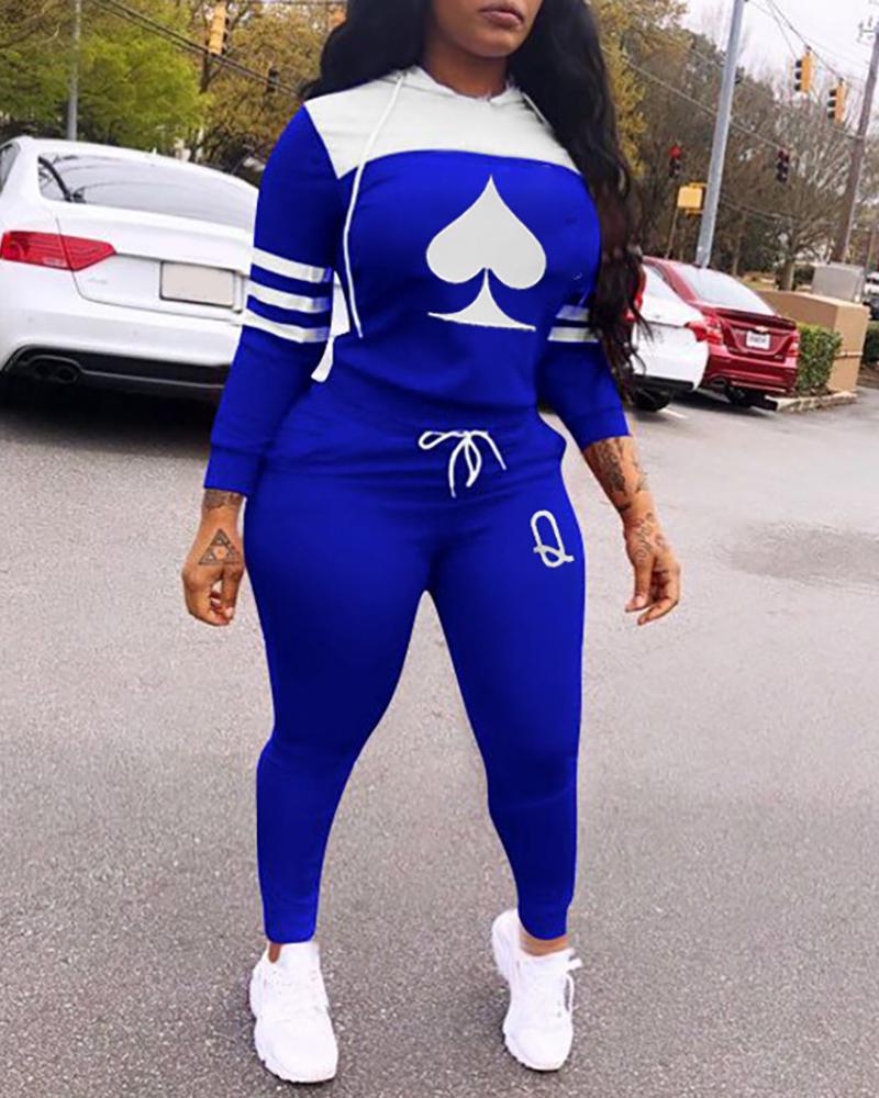 

Poker Print Striped Hooded Top & Drawstring Pants Set, Blue