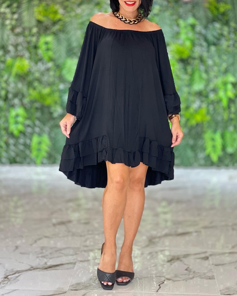

Off Shoulder Ruffles Long Sleeve Casual Dress, Black