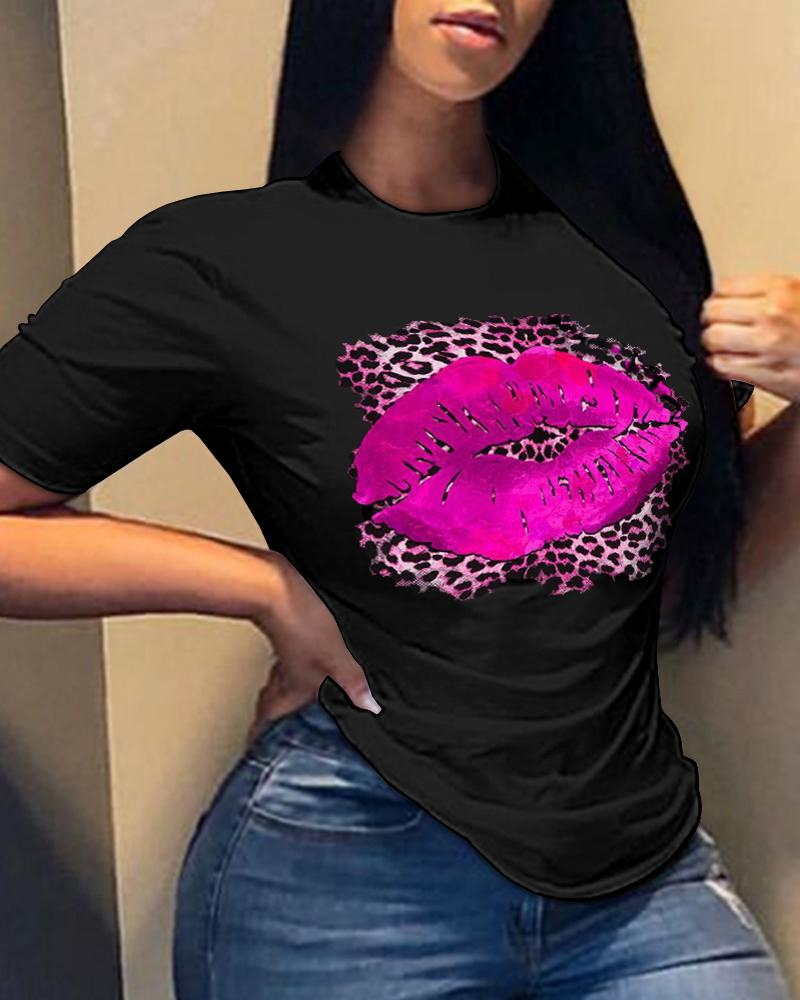 

Valentine' Day Leopard Lip Print Casual T-shirt, Black