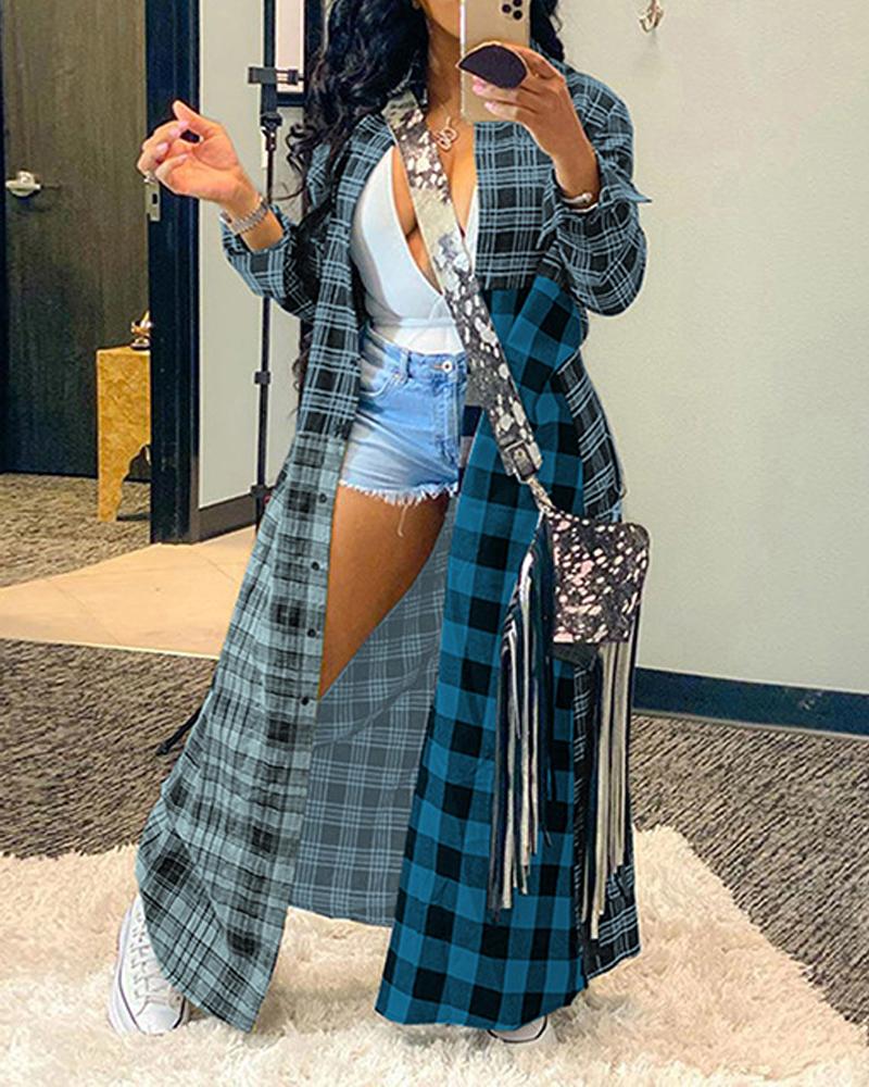 

Colorblock Plaid Print Longline Shacket, Blue