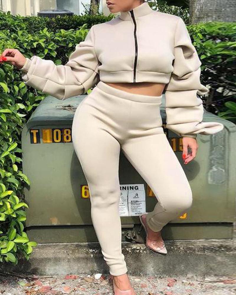 

Plus Size Ruched Long Sleeve Zip Up Crop Top & Pants Set, Gray