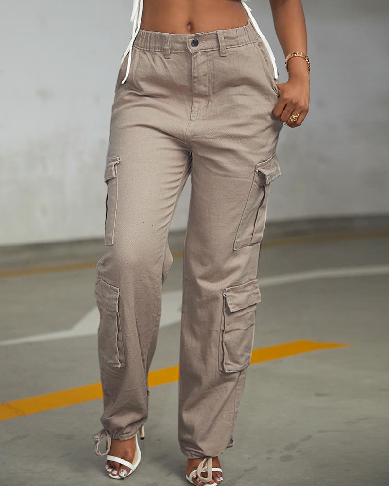 

Pocket Design Drawstring Denim Cargo Pants, Khaki