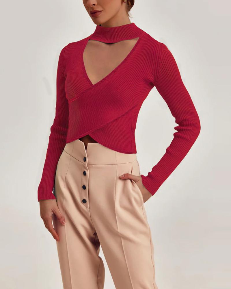 

Long Sleeve Crisscross Ribbed Top, Red