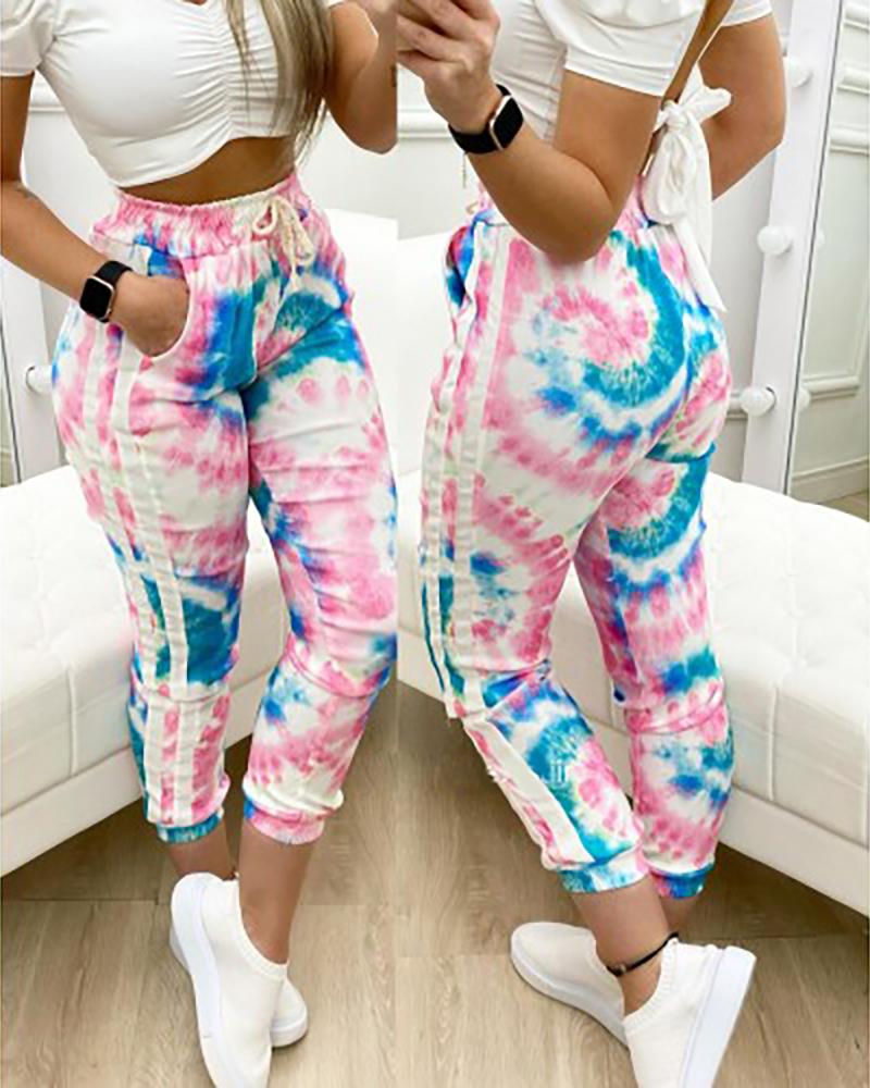 

Tie Dye Print Pocket Design Drawstring Casual Pants, Pink