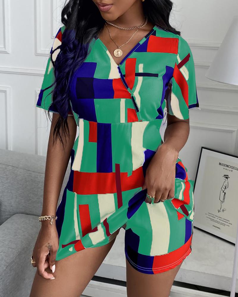 

Colorblock Short Sleeve Top & Shorts Set, Blue