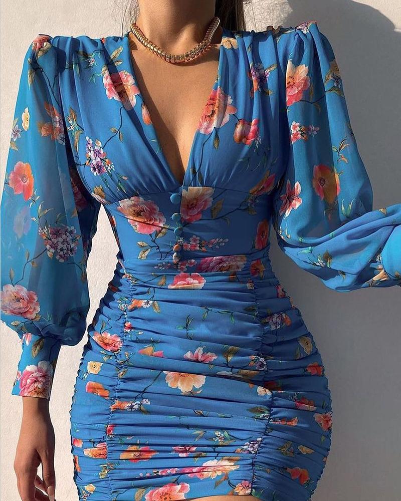 

Puff Lantern Sleeve Floral Print Ruched Bodycon Dress, Blue