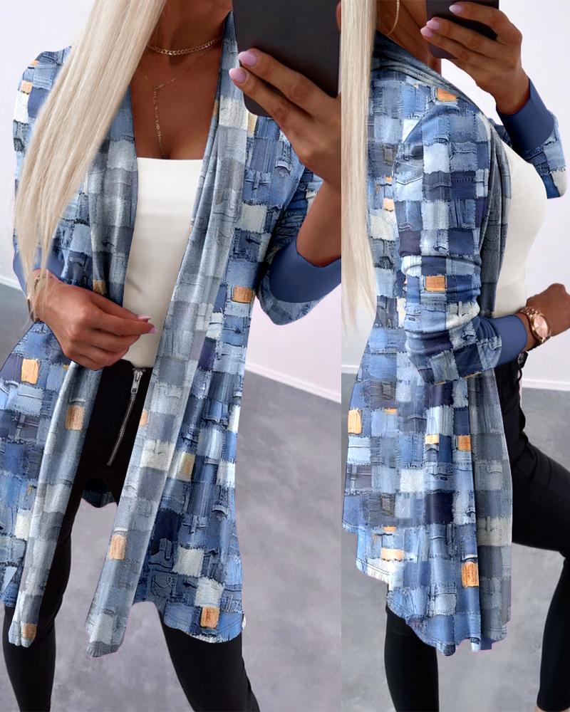 

Denim Look Print Open Front Long Sleeve Coat, Blue