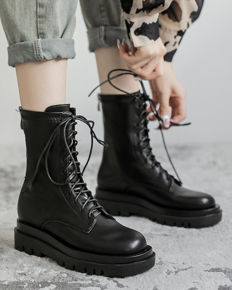 

Round-toe Solid Color Lace-up Martin Boots, Black