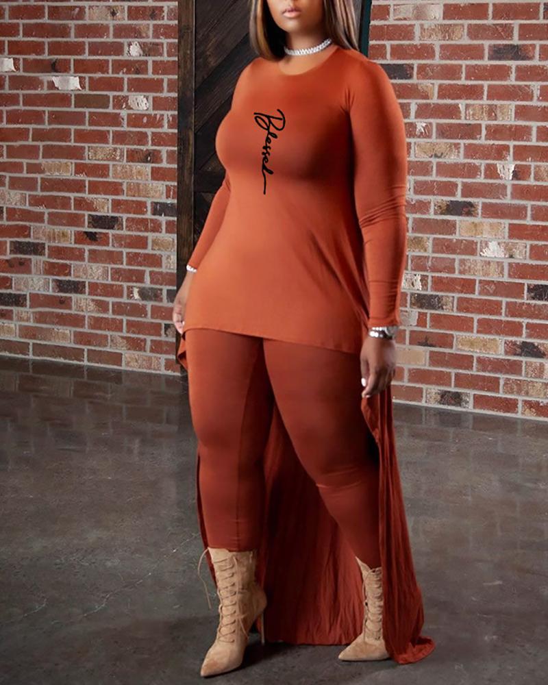 

Plus Size Letter Pattern Dip Hem Top & Pants Set, Orange