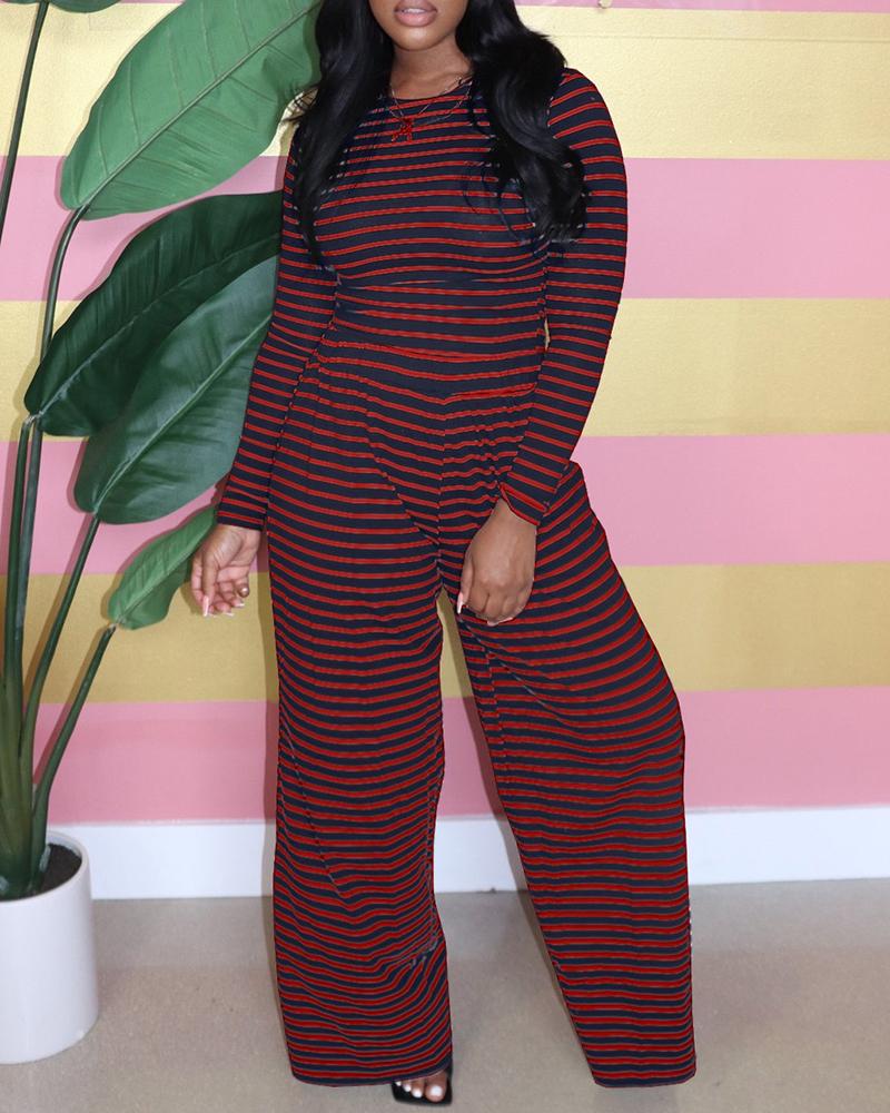 

Striped Crop Top & High Waist Wide Leg Pants Set, Dark blue