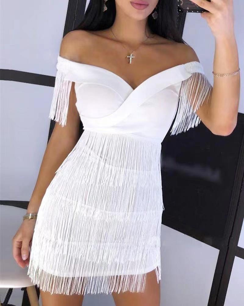 

Off Shoulder Tassel Design Party Dress, White