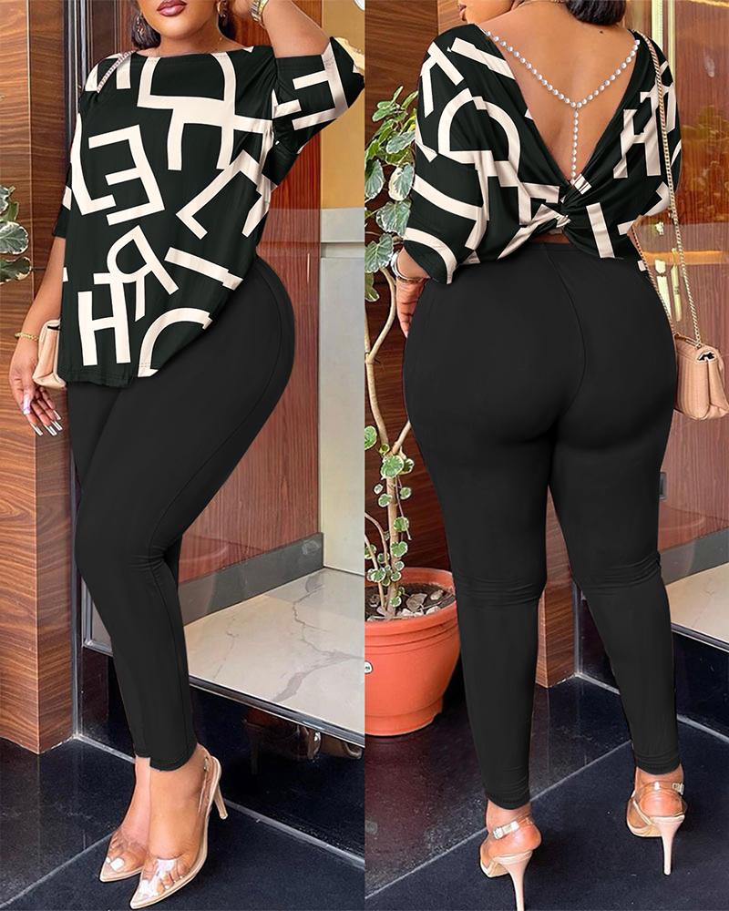 

Letter Print Twisted Beaded Chain Decor Top & Pants Set, Black