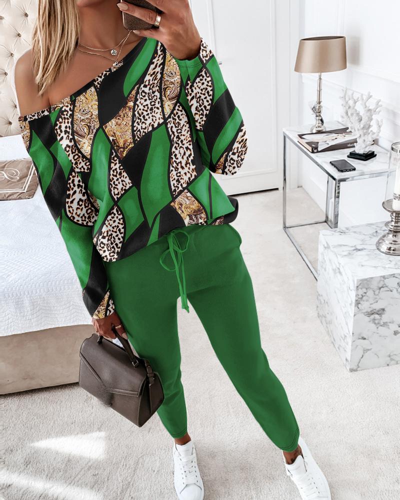 

Baroque Leopard Print Top & Pocket Design Pants Set, Green