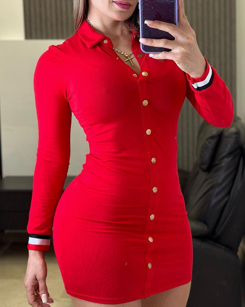 

Striped Button Front Shirt Dress, Red