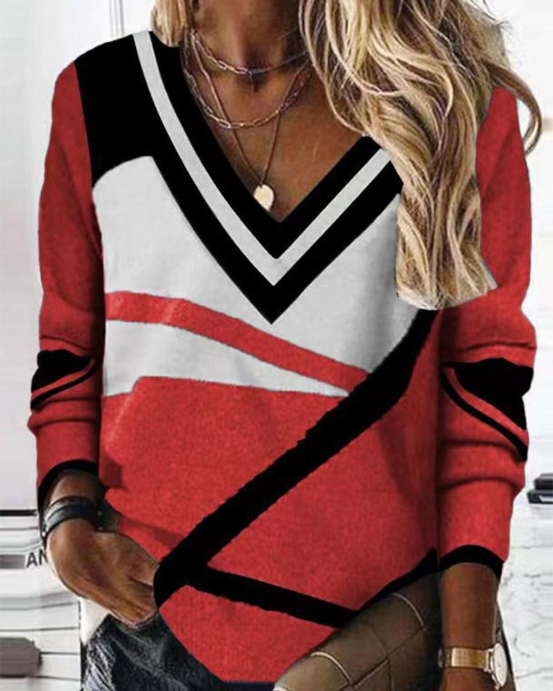 

Colorblock Geometric Print Long Sleeve Sweatshirt, Red