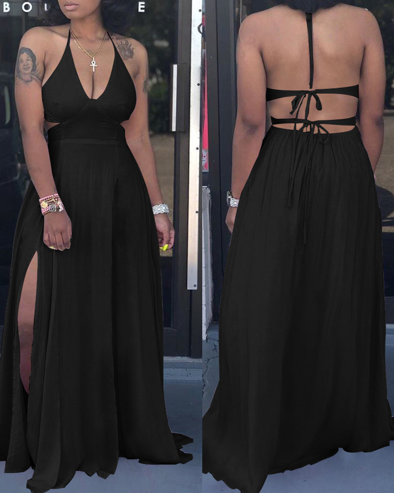 

Halter Backless High Slit Maxi Dress, Black