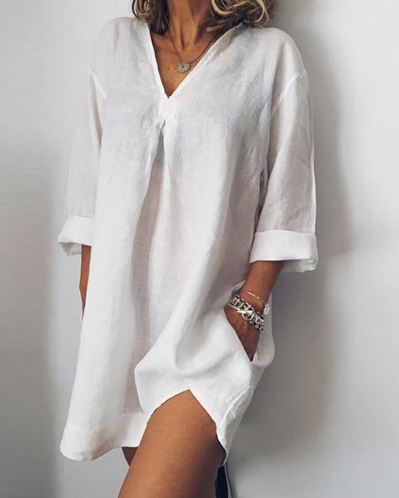 

Plain Long Sleeve Casual Dress, White