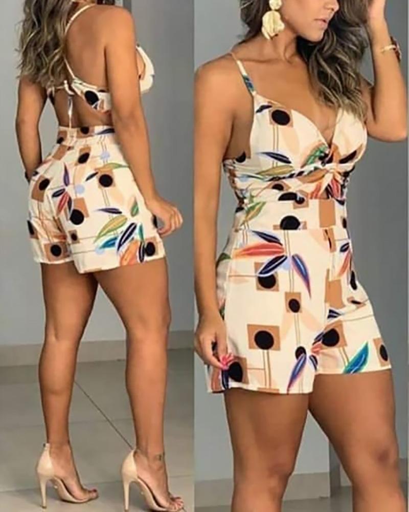 

Print Spaghetti Strap Twisted Front Romper, Apricot