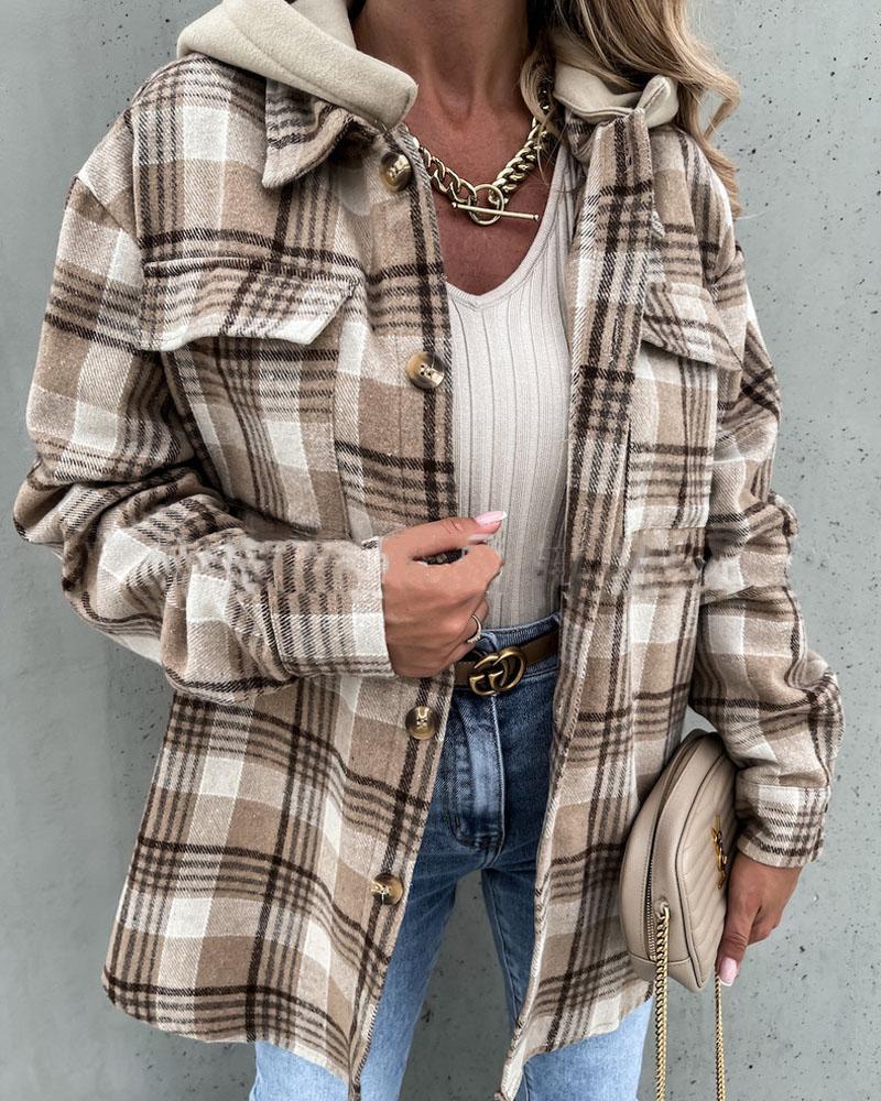 

Plaid Print Button Front Detachable Hooded Shacket, Khaki