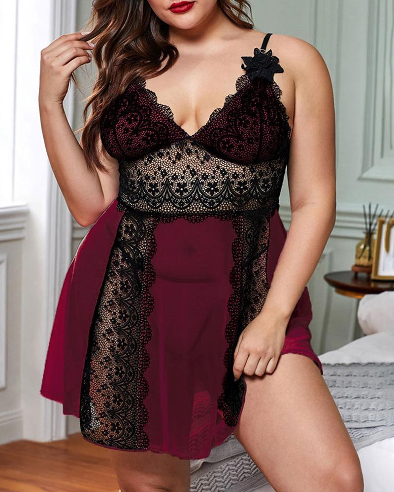 

Plus Size Sheer Mesh Crochet Lace Babydoll With Panty, Red