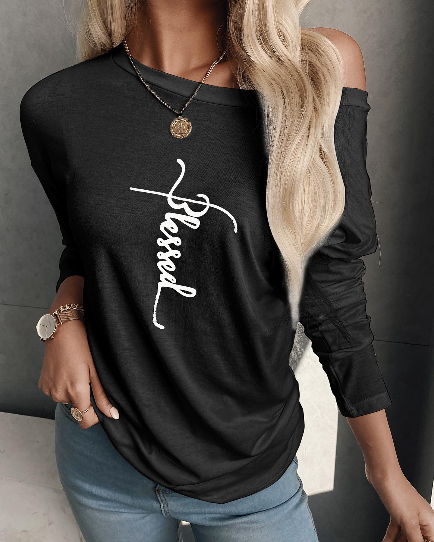 

Letter Print Long Sleeve Casual Top, Black