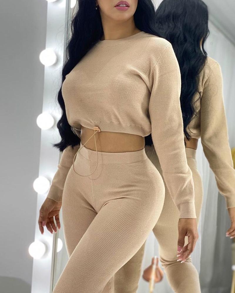 

Plain Drawstring Long Sleeve Crop Top & High Waist Pants Set, Apricot