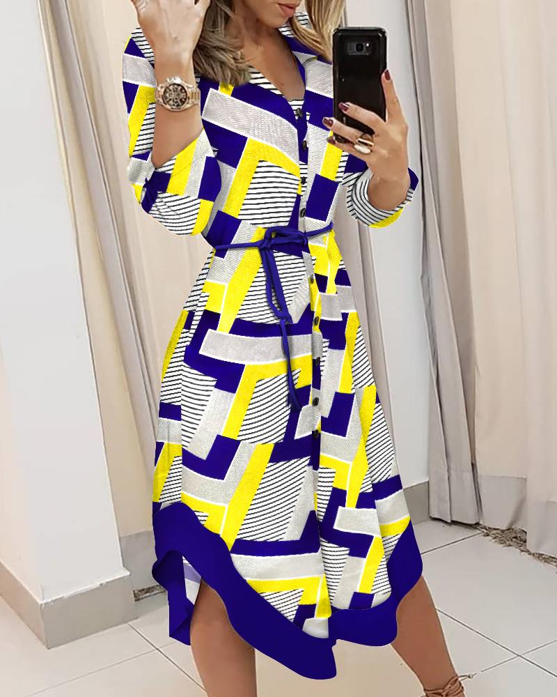 

Geometric Print Long Sleeve Button Down Shirt Dress, Blue