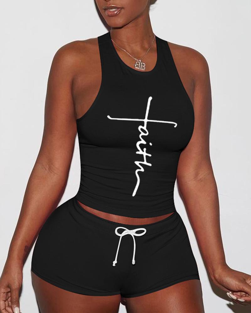

Letter Print Breathable Drawstring Active Set, Black