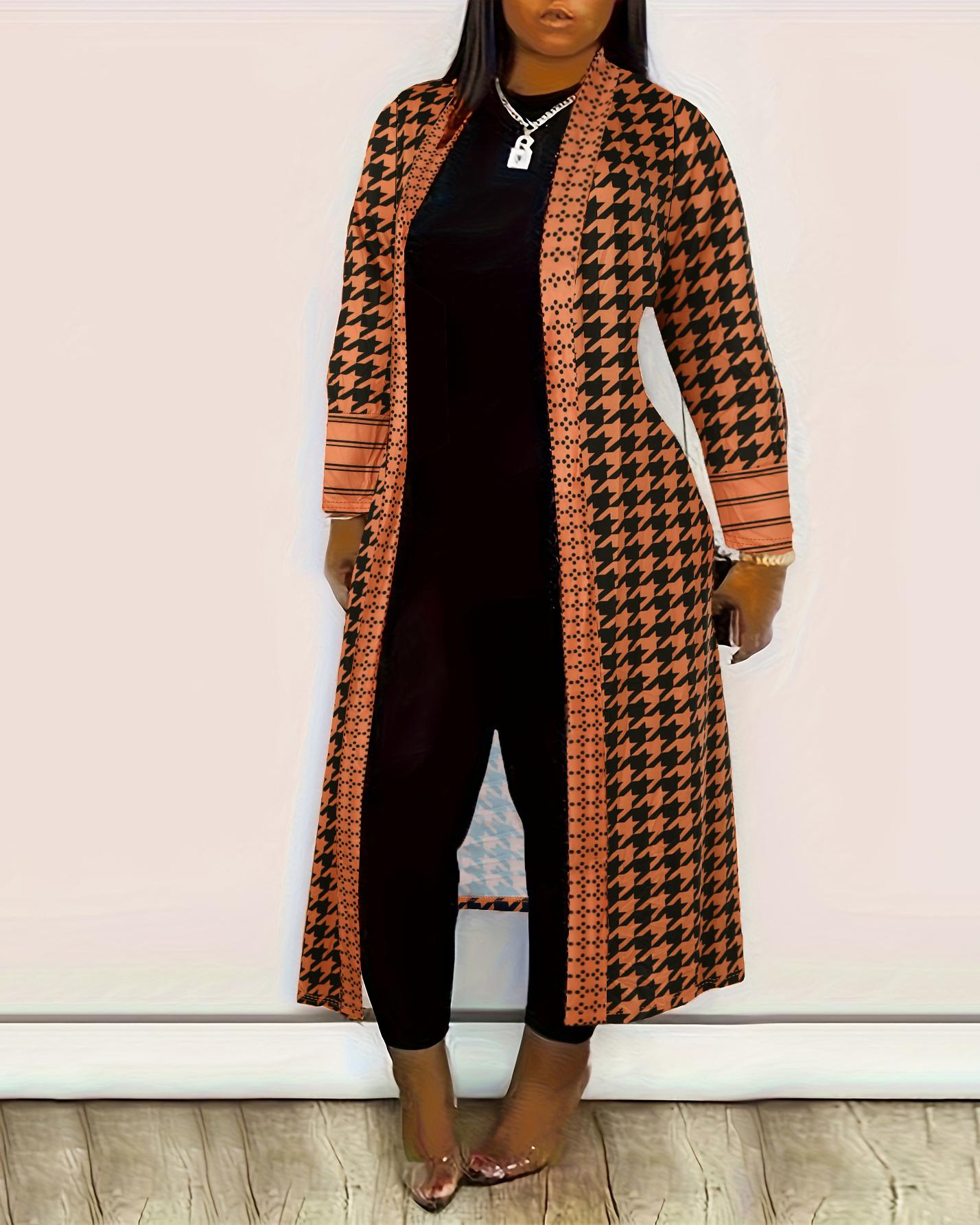 

Plus Size Houndstooth Print Open Front Longline Coat, Orange