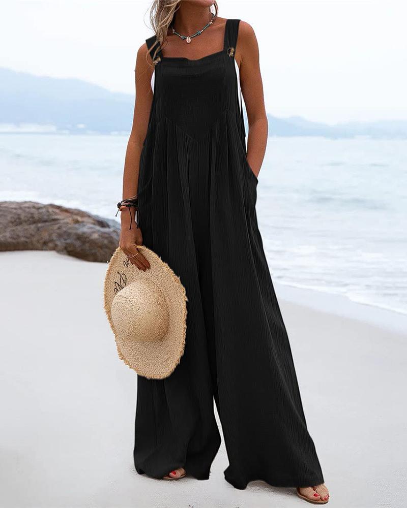 

Pastel Pocket Decor Wide Leg Suspender Jumpsuit, Black