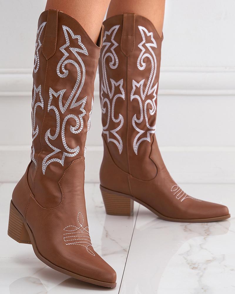 

Embroidery Chunky Cowboy Boots, Brown