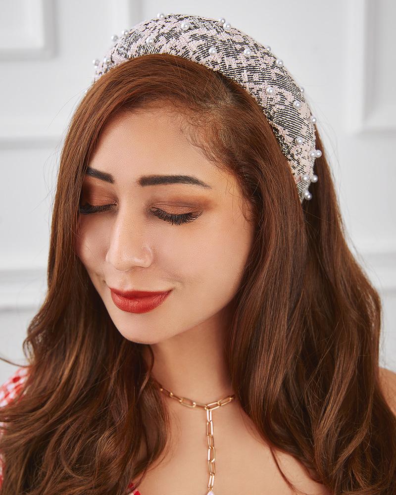 

Headbands With Pearls Wide Headband Colorblock Pearl Hairband, Black