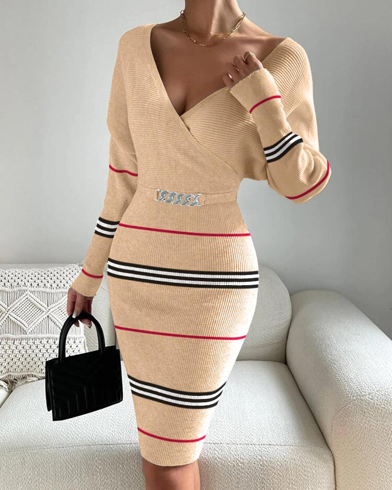 

Striped Chain Decor Long Sleeve Knit Dress, Apricot