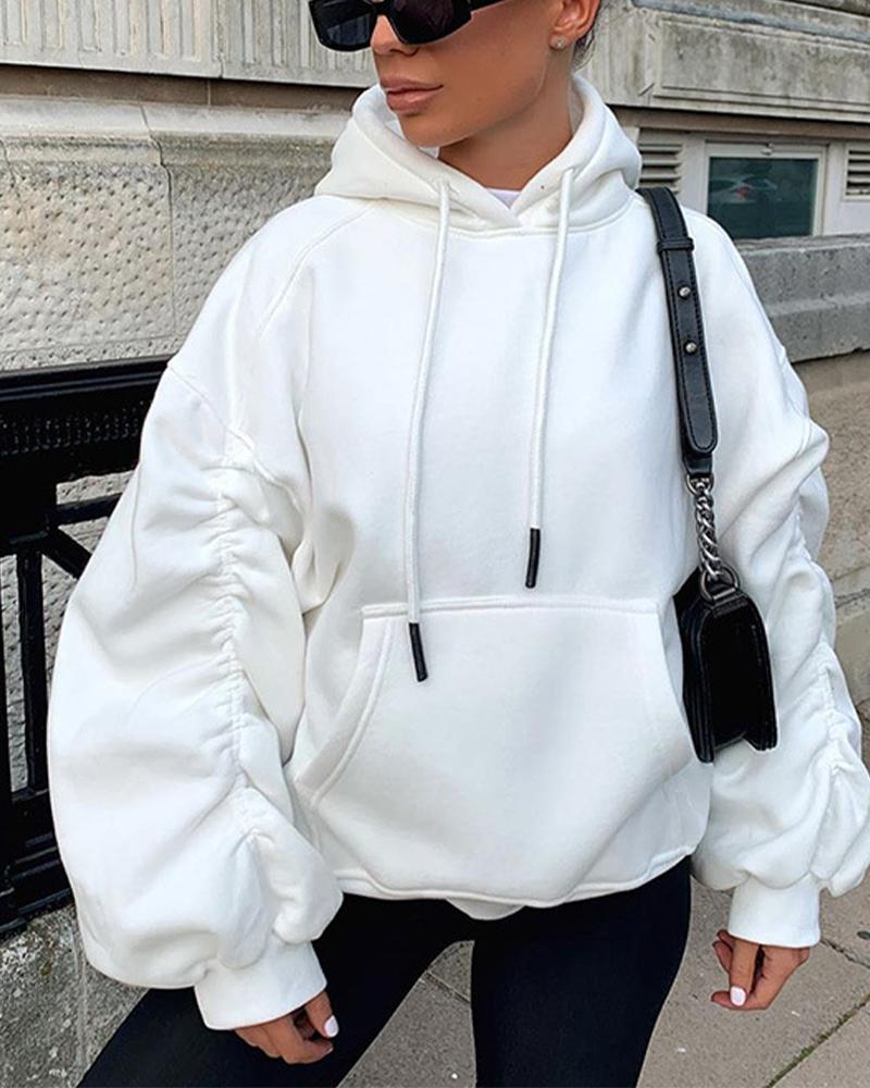 

Pocket Detail Stacked Long Sleeve Drawstring Hooded Sweatshirt, White