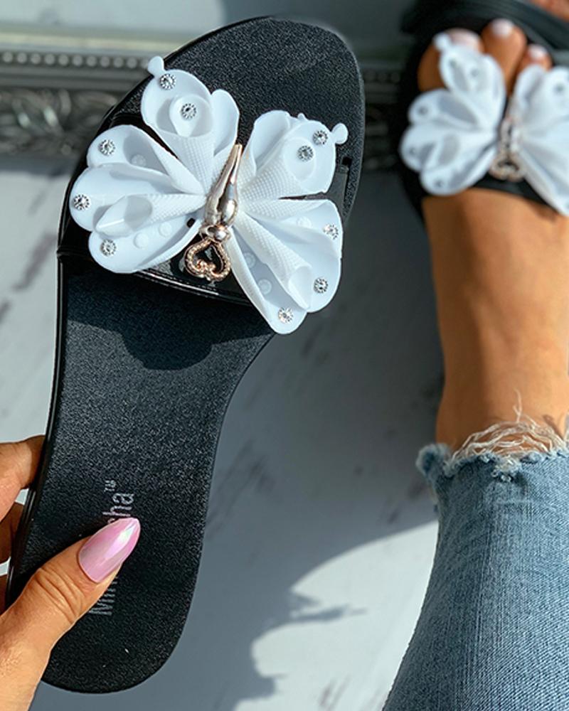 

Butterfly Heart Pattern Rhinestone Flat Slippers, White