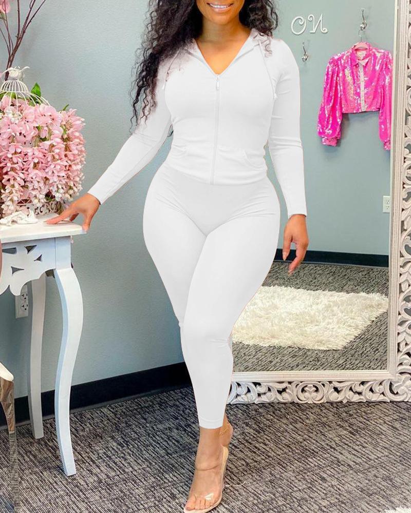 

Long Sleeve Zip Up Hooded Top & Sports Leggings Set, White