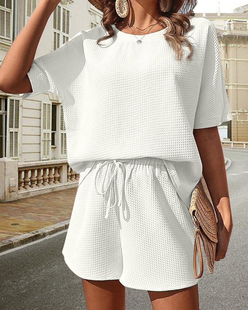 

Waffle Knit Round Neck Top & Drawstring Shorts Set, White