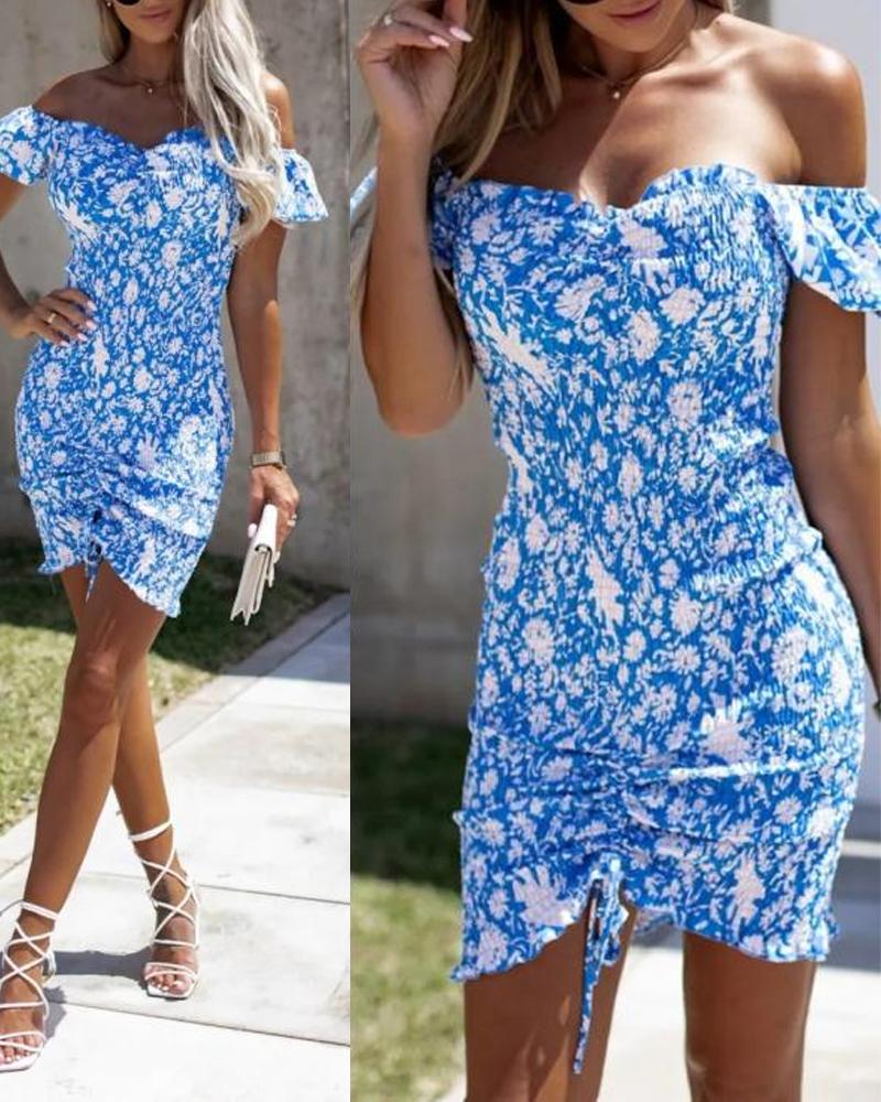 

Off Shoulder Drawstring Shirred Floral Print Dress, Blue