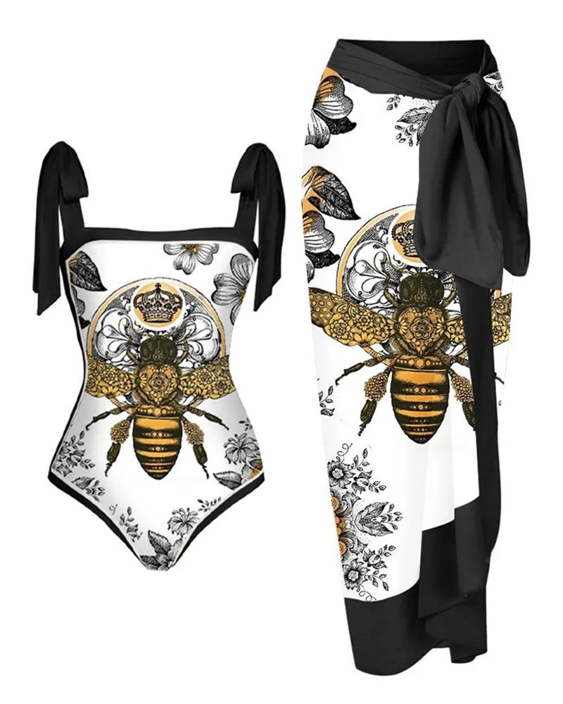 

Floral Bee Print Tied Detail One Piece Swimsuit With Cover Up Skirt, Black