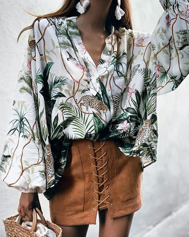 

Botanical Print Long Sleeve Casual Blouse, Multicolor