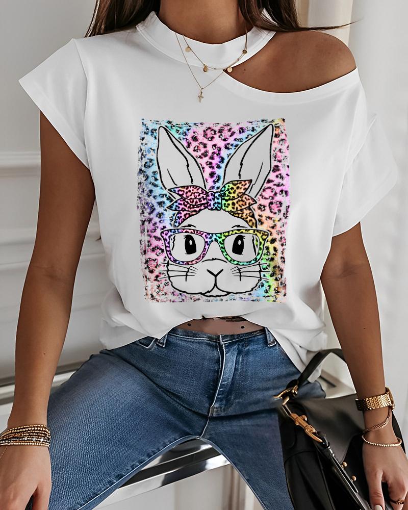 

Happy Easter Bunny Leopard Print Cold Shoulder T-shirt, White
