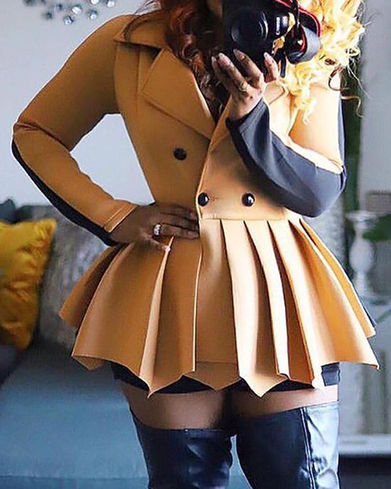 

Double Breasted Ruffles Colorblock Top & Short Set With Belt, Khaki