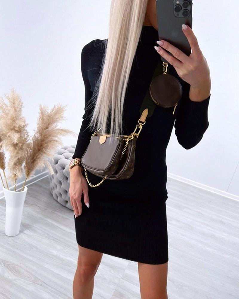 

Turtleneck Long Sleeve Knit Sweater Dress, Black