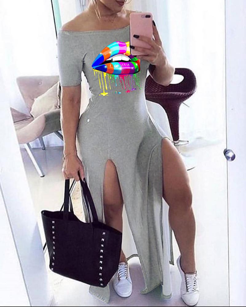 

Lip Print Off Shoulder High Slit Maxi Dress, Gray