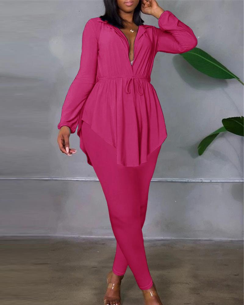 

Drawstring Ruched Long Sleeve Top & Pants Set, Hot pink