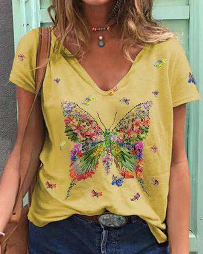 

Floral Butterfly Short Sleeve V-Neck Casual T-shirt, Yellow