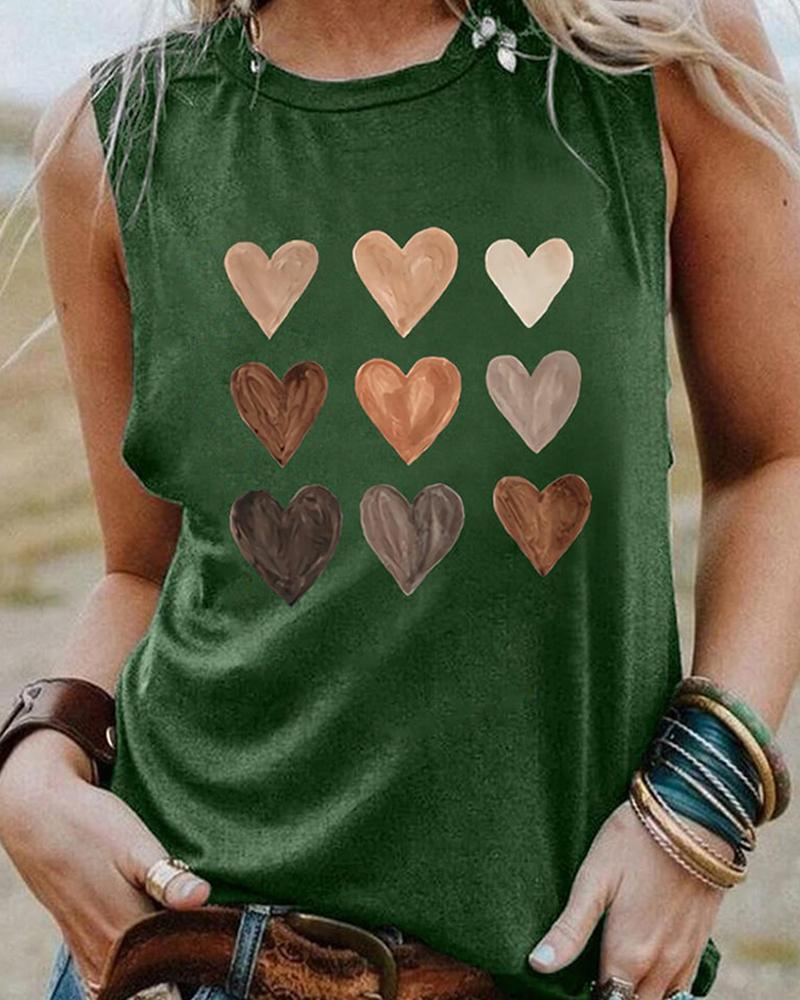

Heart Print Sleeveless O-neck Tank Top, Green