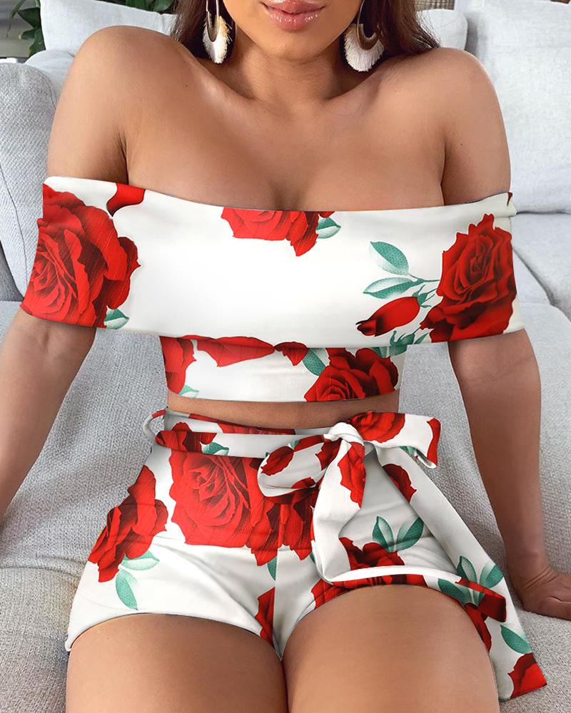 

Floral Print Off Shoulder Women Top & Short Sets, Red
