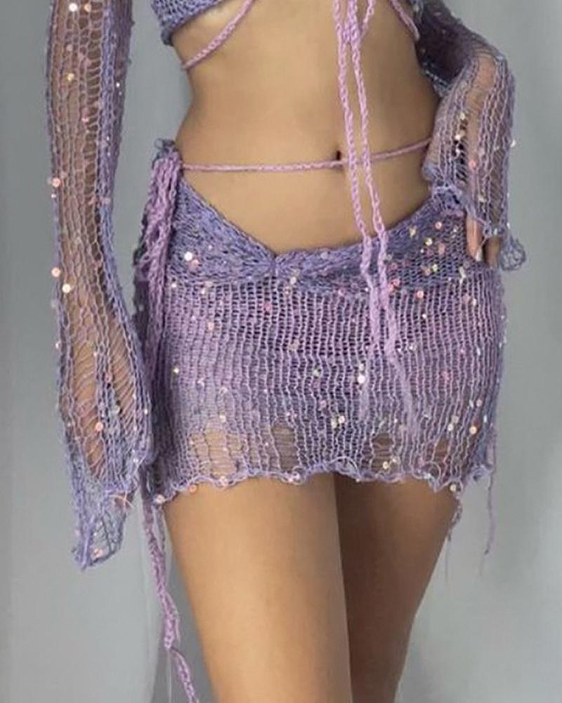 

Hollow Out Drawstring Bandeau Tube Top & Skirt Set With Top, Purple